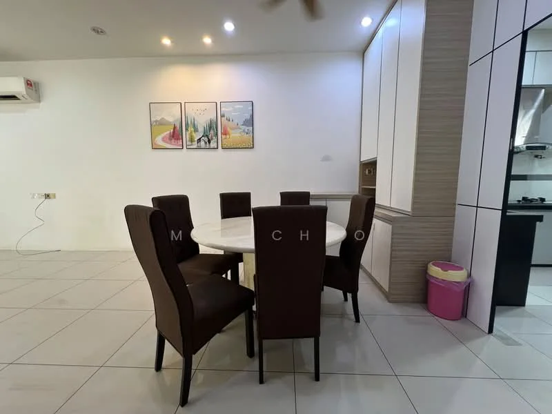 Dining features: round dining table, 6 upholstered dining chairs in brown, white marble tabletop, wall-mounted air conditioning unit, light-colored wall, tile flooring, recessed ceiling lights, decorative wall art with three framed pieces, built-in cabinetry, pink waste bin; style: modern.