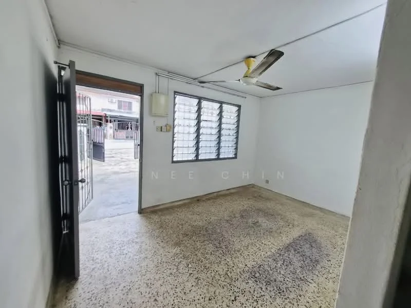 Room features: white painted walls, concrete flooring, ceiling fan, sliding windows, door leading outside, natural light from windows; style: minimalist; view: courtyard.