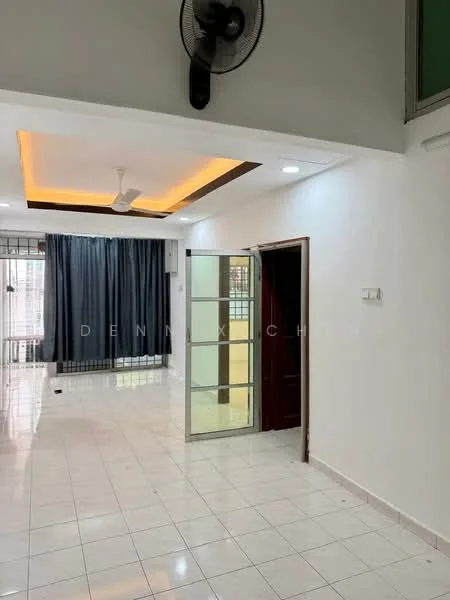 Living features: white painted walls, glossy white tile flooring, tray ceiling with recessed lighting, ceiling fan, floor-to-ceiling windows with black curtains, glass door, wooden door, open layout, natural light from windows; style: modern.