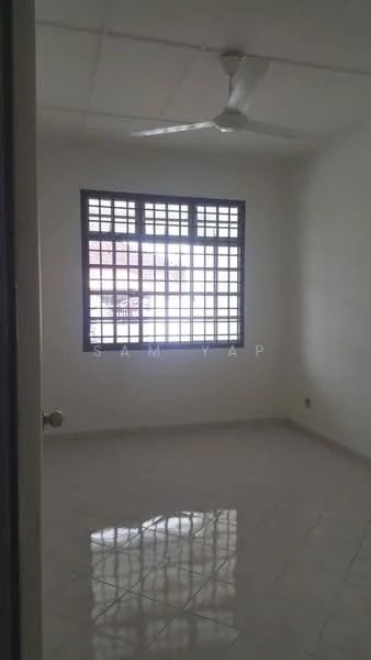 Room features: white painted walls, glossy ceramic tile flooring, ceiling fan, large grid-patterned windows, natural light from window, corner room, neutral color scheme; style: minimalist.