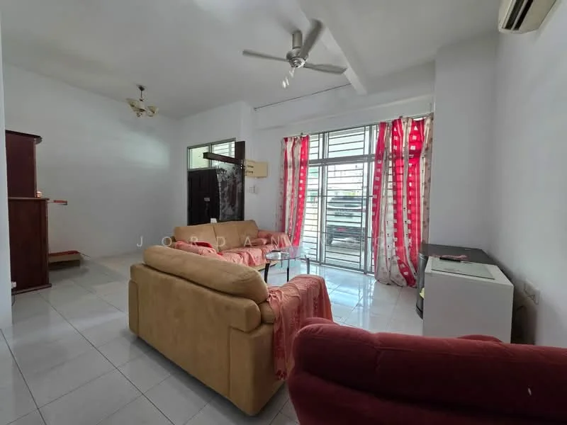 Living features: 2-seater fabric sofa in beige, 3-seater fabric sofa in red, glass coffee table, white tiled flooring, ceiling fan, wall-mounted air conditioning unit, large windows with sheer curtains, red patterned curtains, wooden cabinet, decorative ceiling light; style: modern.