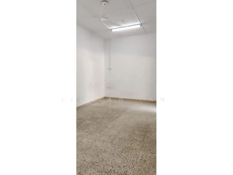 Room features: plain white walls, concrete flooring, ceiling fan, fluorescent lighting, no visible windows; style: minimalist.