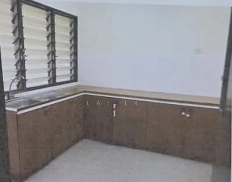 Kitchen features: brown cabinetry, laminate countertop, single-bowl stainless-steel sink, window with horizontal slats, tile backsplash, grey flooring, built-in storage, wall-mounted cabinet.