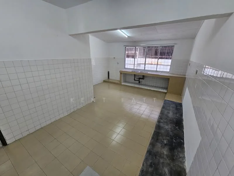 Room features: white tiled walls, cream tiled flooring, large window with metal bars, wooden countertop, open layout, no visible appliances, neutral color scheme, minimal decor; style: minimalist.