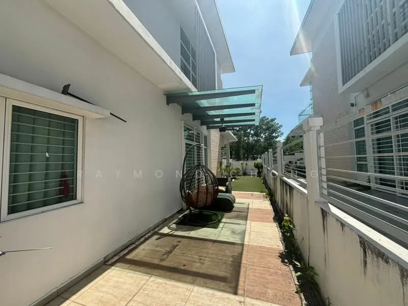 Exterior type: detached bungalow; features: glass canopy, paved walkway, green lawn, hanging egg chair, white painted facade, window with green shutters, fenced perimeter, landscaped garden; style: modern.