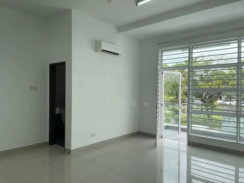 Room features: white painted walls, glossy tile flooring, sliding glass door, floor-to-ceiling windows, wall-mounted split AC, LED ceiling lights, view of greenery outside; style: modern; view: garden.