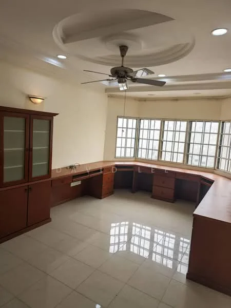 Study features: ceiling fan with light, built-in wooden cabinetry, L-shaped desk, glossy tiled flooring, large windows, natural light, white painted walls, recessed lighting; style: modern.