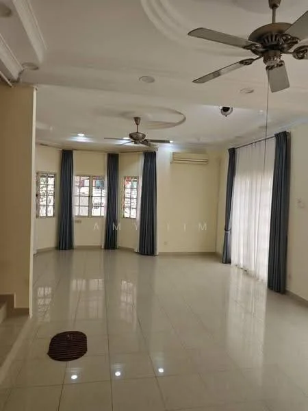 Living features: cream painted walls, glossy ceramic tile flooring, tray ceiling, 2 ceiling fans, floor-to-ceiling windows, sheer curtains, dark blue curtains, air conditioning unit, decorative ceiling rose, area rug; style: modern.