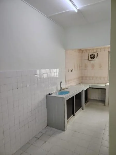 Laundry features: white tiled walls, white tiled flooring, single-bowl sink, chrome faucet, built-in cabinetry, exhaust fan, countertop space, wall-mounted light fixture.
