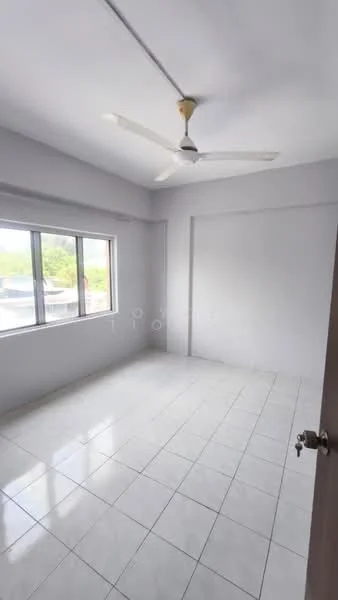 Room features: white painted walls, white ceiling, ceiling fan, large window, tile flooring, natural light, empty space.