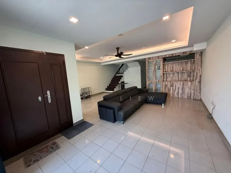 Living features: grey L-shape sectional sofa, white walls, recessed downlights, ceiling fan, tile flooring, wood feature wall, open space layout, staircase with wooden steps, built-in shelving unit, entrance door, door mat; style: modern.