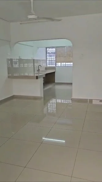 Room features: glossy ceramic tile flooring, white painted walls, ceiling fan, large window with city view, kitchen counter with sink, open layout, natural light from window, neutral color scheme; style: modern; view: city.