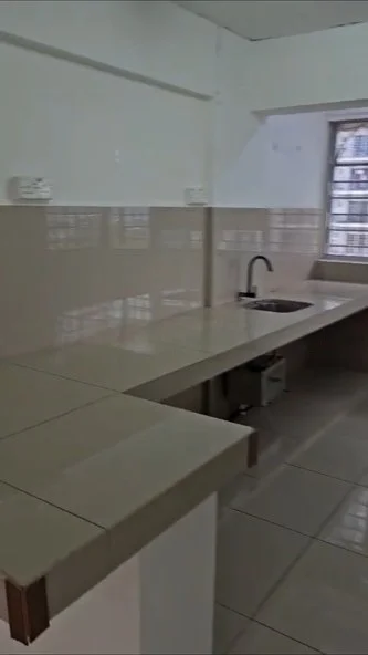 Kitchen features: single-bowl stainless-steel sink, chrome pull-down faucet, laminate countertop, cream tiled backsplash, cream tiled walls, ceramic tile flooring, window with grid pattern, built-in cabinetry, open layout, breakfast bar; style: modern.