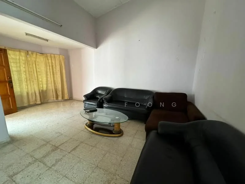 Living features: black leather 3-seater sofa, black leather 2-seater sofa, brown fabric 2-seater sofa, glass coffee table, cream tiled flooring, white painted walls, curtains with a light pattern, wooden door, high ceiling.