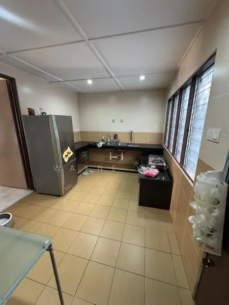 Kitchen features: stainless-steel fridge, black countertop, single-bowl stainless-steel sink, chrome pull-down faucet, ceramic tile backsplash, cream painted walls, recessed LED downlights, tile flooring, window with grid pattern, kitchen cabinets, open shelving, kitchen utensils on countertop; style: modern.