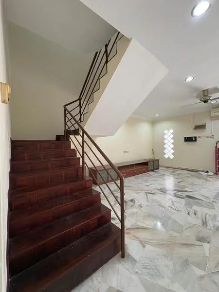 Room features: marble flooring, wooden staircase, metal railing, ceiling fan, wall-mounted air conditioning unit, recessed ceiling lights, white painted walls, built-in shelving, windows with decorative grills; style: modern.
