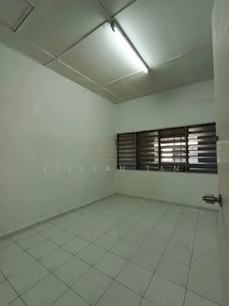 Room features: white painted walls, tile flooring, ceiling lights, window with metal grilles, neutral color scheme; style: minimalist.