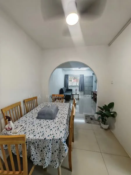 Dining features: dining table with blue patterned tablecloth, wooden dining chairs, ceiling fan, white painted walls, tile flooring, arched entryway, potted plant, natural light from window, decorative item on table; style: modern. Living features: sofa, curtains, coffee table, TV console, tile flooring, natural light from window; style: modern.