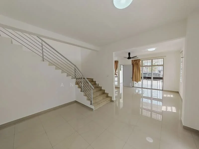 Living features: white painted walls, glossy ceramic tile flooring, 5-blade ceiling fan, large windows with sheer curtains, natural light from windows, staircase with metal railing, neutral color scheme, open layout, recessed ceiling lights; style: modern.