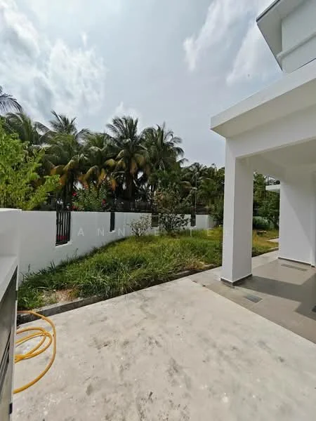 Exterior type: detached bungalow; features: manicured lawn, tropical landscaping, paved walkway, surrounded by palm trees, white painted facade, flat roof, outdoor space, fenced perimeter; style: modern.