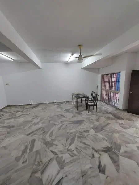 Room features: marble flooring, white painted walls, ceiling fan, two chairs, dining table, large windows, natural light, open layout; style: modern.