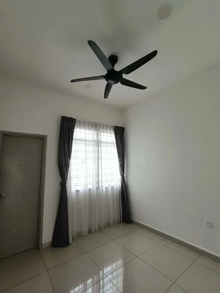 Room features: white painted walls, grey floor tiles, 5-blade ceiling fan, floor-to-ceiling window with sheer curtains, dark grey curtains, single door, light ceiling, no visible furniture; style: modern.