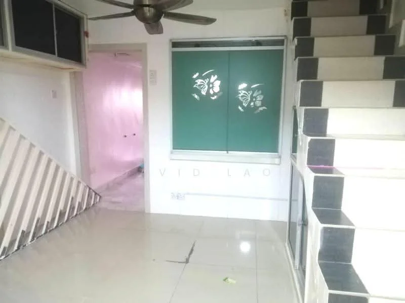 Room features: white walls, glossy tile flooring, ceiling fan, staircase with black and white steps, large window with decorative glass, open layout, natural light, no visible furniture; style: modern.