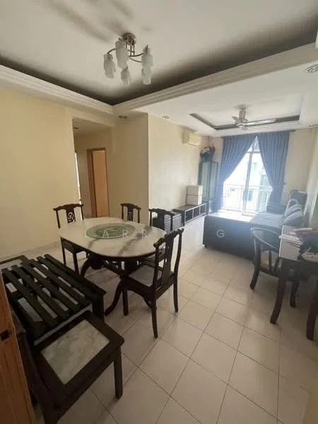 Living features: white painted walls, tile flooring, tray ceiling with recessed lighting, 5-blade ceiling fan with light, large window with blue curtains, glass coffee table, black TV console, sofa with cushions, dining table with circular marble top, 4 wooden dining chairs, wooden bench with stone top; style: modern.