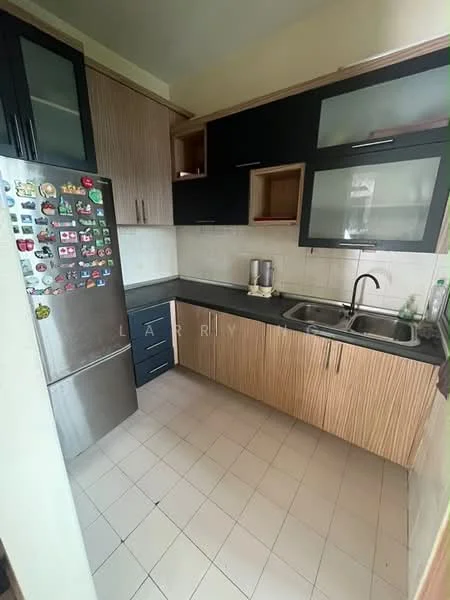 Kitchen features: stainless-steel fridge, double-bowl stainless-steel sink, chrome pull-down faucet, black countertop, wood cabinetry with light wood finish, dark upper cabinets, tile backsplash, white tiled flooring, magnet board on fridge, visible kitchen appliances, open shelving, under-cabinet lighting; style: modern.