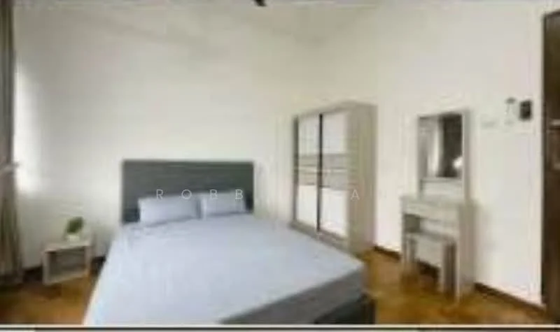 Bedroom features: queen-size bed with grey upholstered headboard, wooden flooring, white painted walls, ceiling fan, built-in wardrobe with sliding doors, dressing table with mirror, decorative plant in ceramic pot, window with sheer curtains; style: modern.