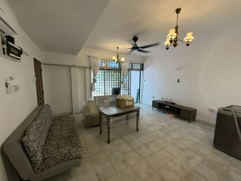 Living features: 3-seater fabric sofa in grey, wooden coffee table, ceiling fan with light, wall-mounted air conditioning unit, sliding glass door, floor-to-ceiling windows, tile flooring, decorative light fixtures, curtains, exposed brick wall, decorative wall shelf; style: modern; view: garden.