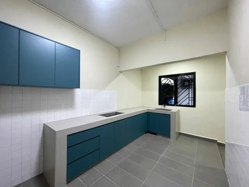 Kitchen features: blue cabinetry, white tiled backsplash, grey countertop, single-bowl stainless-steel sink, window with security bars, grey floor tiles, open layout, no visible appliances; style: modern.