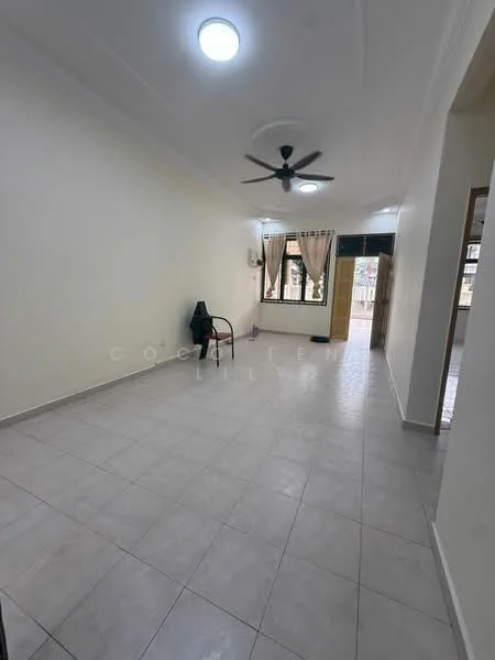 Living features: white painted walls, tile flooring, 5-blade ceiling fan with light, floor-to-ceiling windows, sheer curtains, door leading to balcony, neutral color scheme, open layout; style: modern.