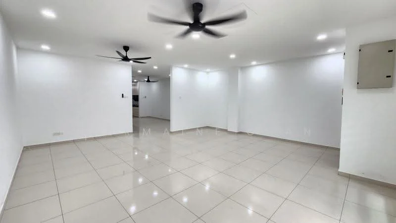 Room features: white painted walls, glossy ceramic tile flooring, 2 ceiling fans, recessed downlights, no visible furniture, open layout, neutral color scheme, multiple power outlets; style: modern.