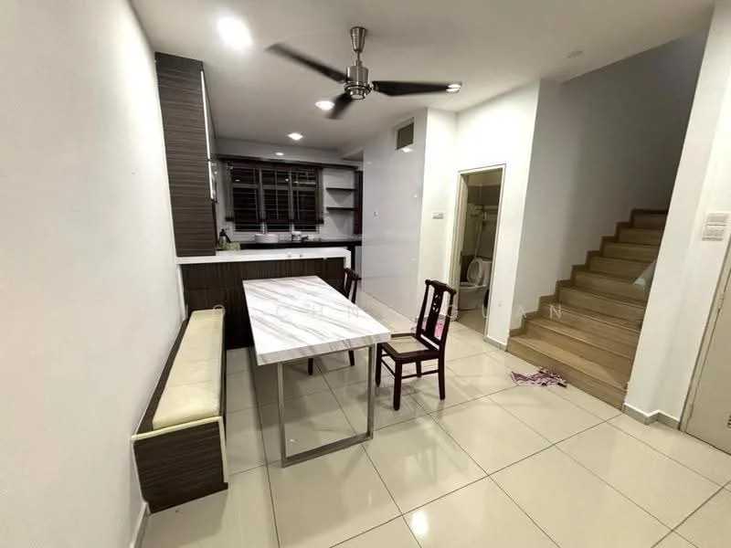 Dining features: marble dining table, 4 dining chairs, wall-mounted bench seating, ceramic tile flooring, white painted walls, recessed downlights, 5-blade ceiling fan, open kitchen layout, kitchen counter with cabinetry, staircase leading to upper floor; style: modern.