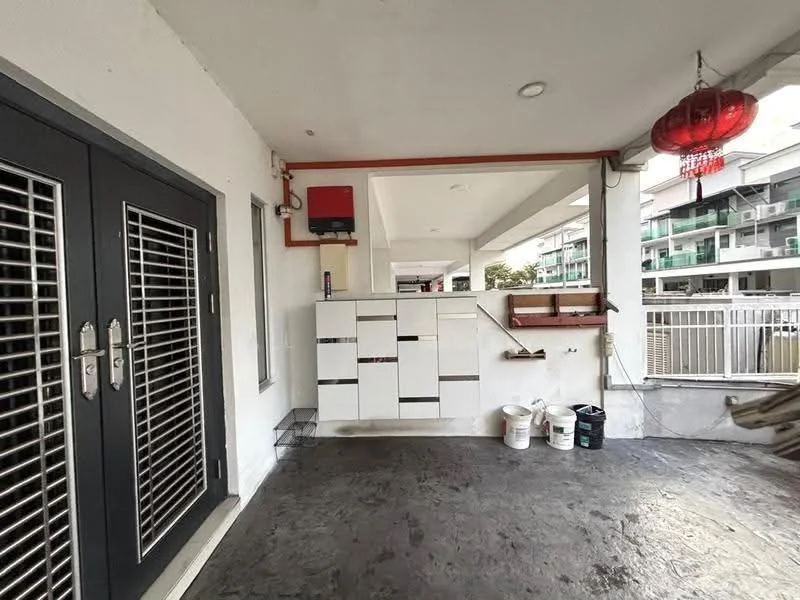 Room features: grey concrete flooring, white painted walls, double doors with metal grilles, built-in storage cabinets, red lantern decoration, visible plumbing fixtures, outdoor space, wall-mounted fire alarm, open layout; style: modern.