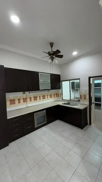 Kitchen features: dark wood cabinetry, white countertop, built-in oven, stainless-steel sink, chrome pull-down faucet, tile backsplash with orange accents, recessed downlights, 5-blade ceiling fan, ceramic tile flooring, window with glass pane, sliding door, kitchen island; style: modern.
