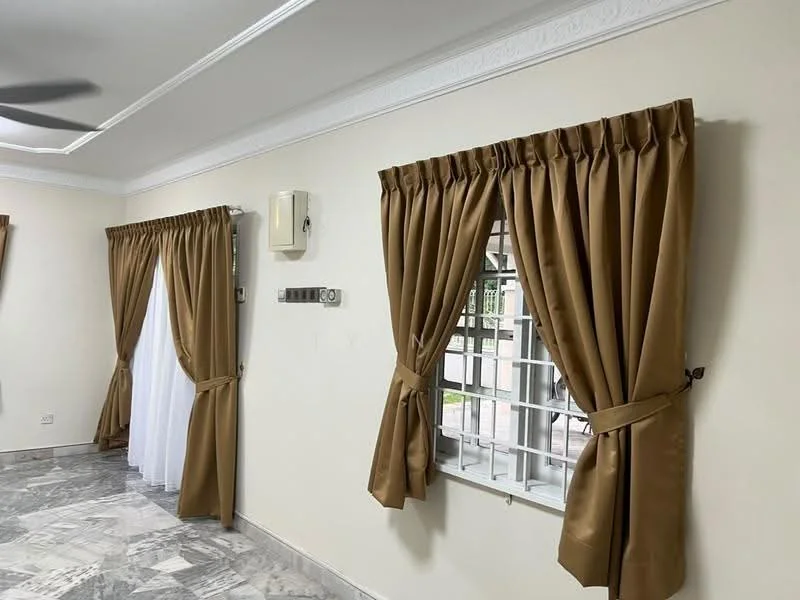 Room features: cream painted walls, marble flooring, brown curtains, white sheer curtains, ceiling with crown moulding, wall-mounted air conditioning unit, window with metal grille.