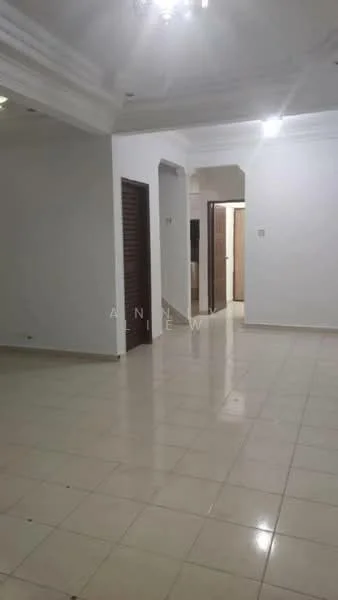 Room features: white painted walls, glossy ceramic tile flooring, tray ceiling with recessed lighting, multiple doorways, neutral color scheme, no visible furniture, bright lighting, open layout; style: modern.