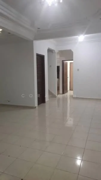 Room features: white painted walls, cream tiled flooring, tray ceiling with recessed lighting, doorway leading to another room, light fixtures on ceiling, open layout, no visible furniture, neutral color scheme; style: modern.