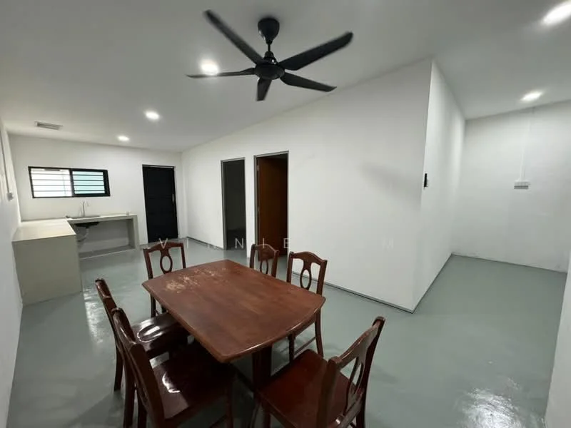 Dining features: wooden dining table with four chairs, grey painted walls, concrete flooring, 5-blade ceiling fan with light, recessed LED downlights, window with horizontal slats, open layout to adjacent rooms; style: modern. Kitchen features: single-bowl stainless-steel sink, countertop with storage below, grey painted walls, concrete flooring, window with horizontal slats; style: modern. Room features: grey painted walls, concrete flooring, two doors leading to other rooms.