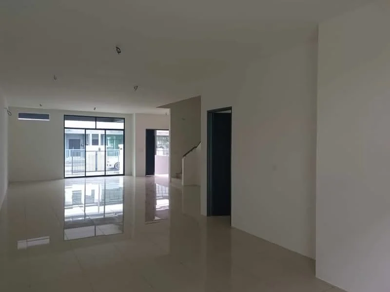 Living features: white painted walls, glossy tile flooring, recessed downlights, large sliding glass door, floor-to-ceiling windows, open layout, staircase visible, neutral color scheme; style: modern; view: garden.