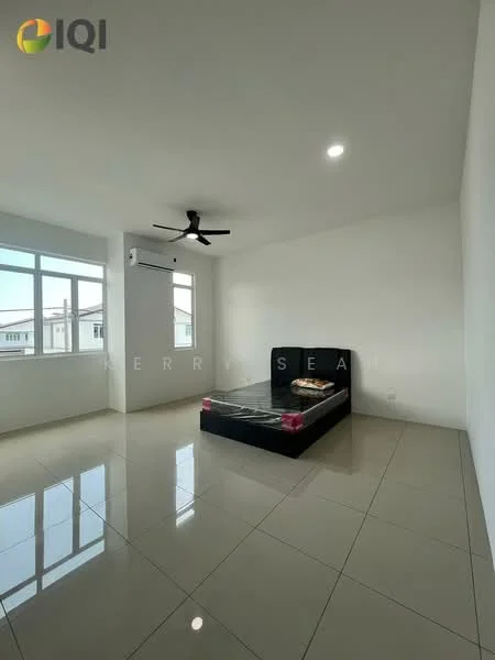 Bedroom features: white painted walls, glossy tile flooring, 5-blade ceiling fan with light, floor-to-ceiling windows, air conditioning unit, queen-size bed, bedside table, decorative wall art; style: modern; view: city.