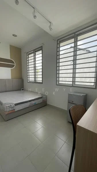 Bedroom features: single bed, grey upholstered headboard, built-in wardrobe, study desk, wooden chair, 2-pane sliding windows, light-colored wall, tile flooring, recessed ceiling lights; style: modern.