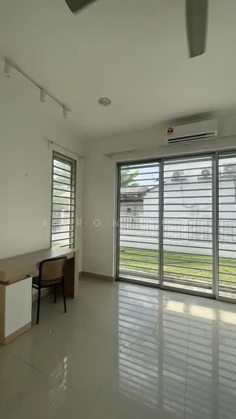 Study features: white painted walls, glossy tile flooring, 5-blade ceiling fan, wall-mounted split AC, large sliding glass door, window with horizontal slats, wooden desk, chair; style: modern; view: garden.