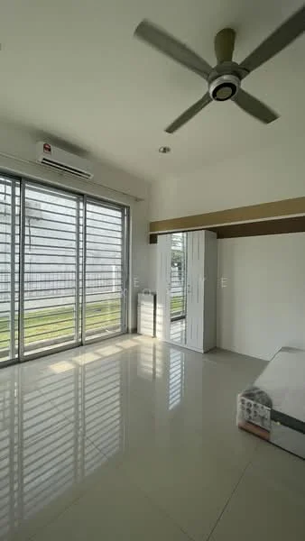 Bedroom features: white painted walls, sliding glass door, floor-to-ceiling windows, 5-blade ceiling fan with light, wall-mounted split AC, tile flooring, built-in wardrobe, natural light from windows, view of garden, neutral color scheme; style: modern; view: garden.