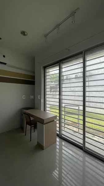 Study features: white painted walls, tile flooring, recessed downlights, large sliding glass door, window with horizontal metal grilles, desk with chair, air conditioning unit, green view outside; style: modern; view: garden.