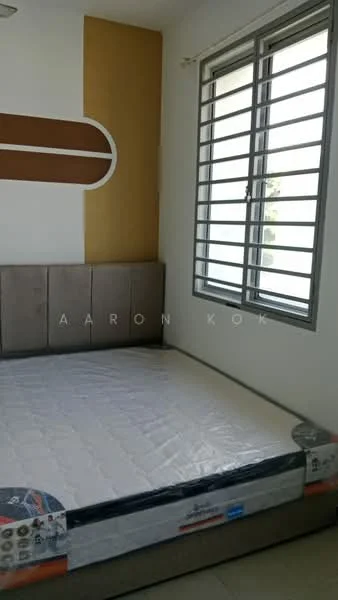 Bedroom features: queen-size bed frame, unmade mattress, white painted walls, accent wall in mustard yellow, floor-to-ceiling window, sliding window with metal grille, neutral tile flooring, decorative headboard; style: modern.