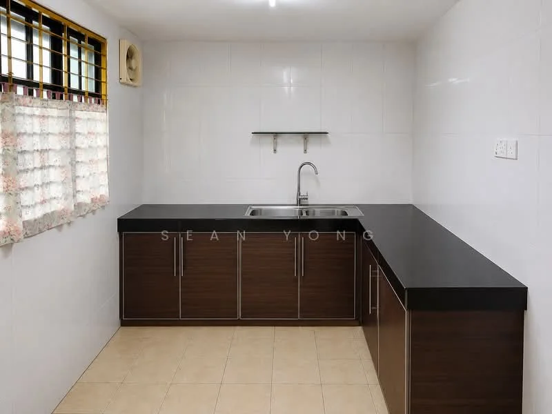 Kitchen features: black countertop, stainless-steel sink, chrome pull-down faucet, brown cabinetry, white tiled walls, cream tiled flooring, window with sheer curtains, wall-mounted shelf; style: modern.