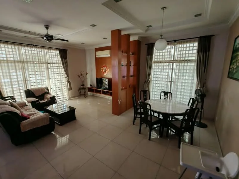 Living features: cream painted walls, white ceiling with crown moulding, marble tile flooring, 5-blade ceiling fan with light, floor-to-ceiling windows with sheer curtains, black leather sofa, 2-seater fabric sofa in beige, coffee table, TV console, wall-mounted TV, decorative wall unit, dining table with 6 chairs; style: modern.